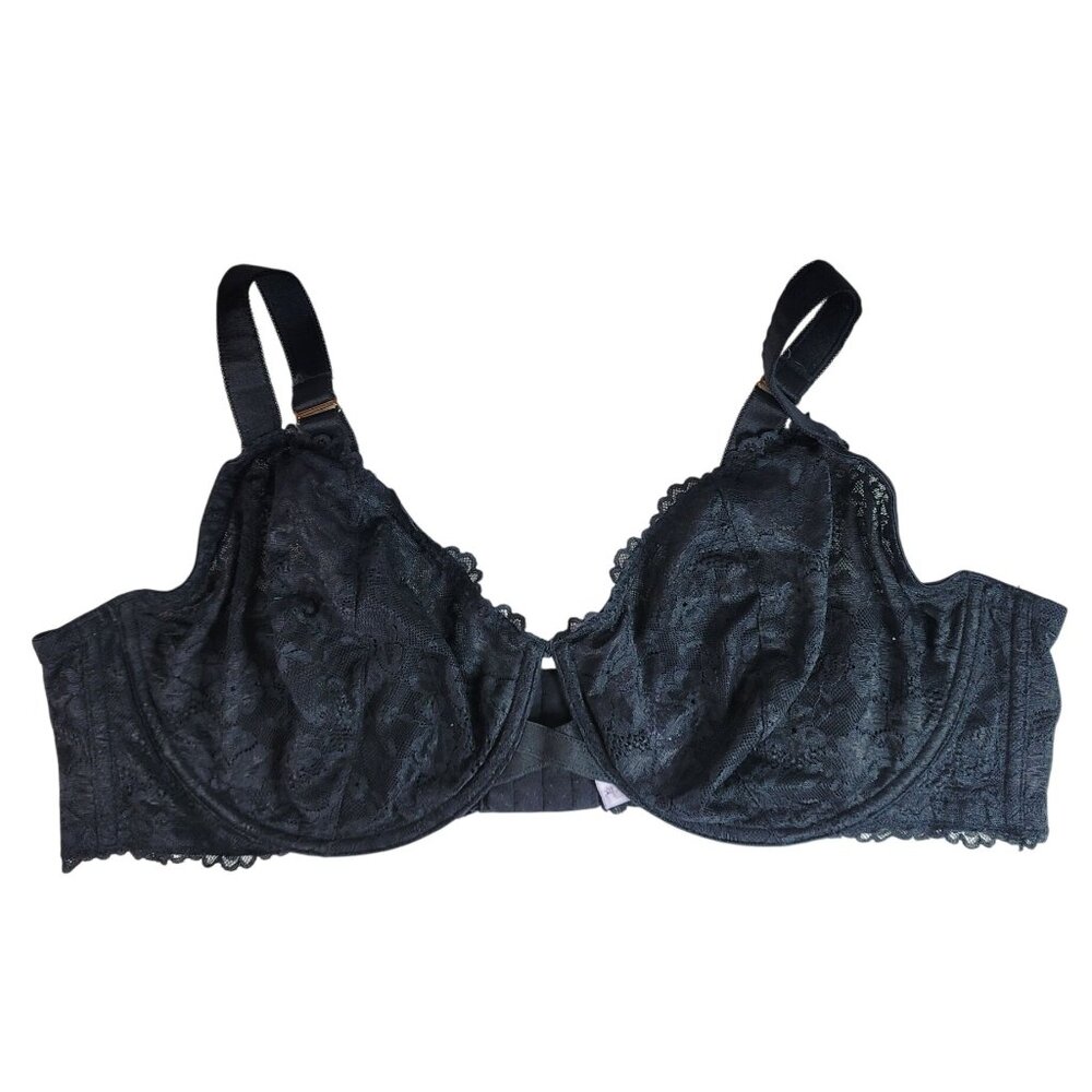Savage X Fenty Sheer Lace Bra Black 46DD Underwire Unlined Adj Full Coverage